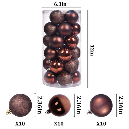 30ct Christmas Ball Ornaments, 2.36" Shatterproof Tree Decorations, Perfect Hanging Ball for Indoor/Outdoor Holiday Christmas Party Decor (Brown)