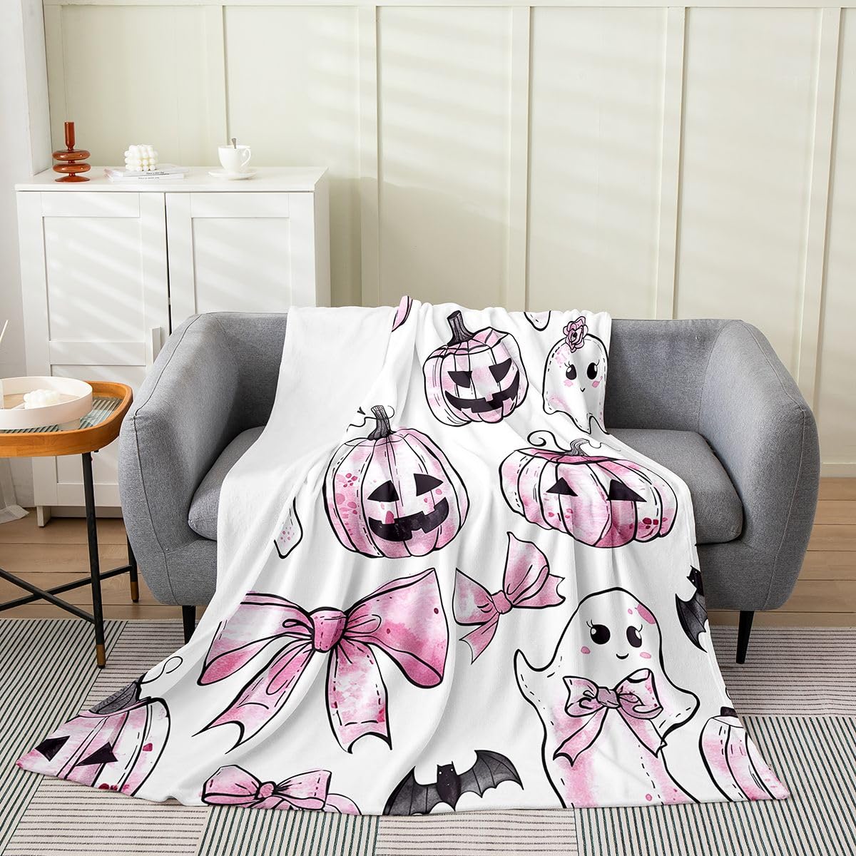 Feelyou Spooky Pumpkin Fleece Throw Blanket Halloween Themed Flannel Blanket Plush Fuzzy Bowknot for Bed Couch Chair Living Room Ghost Throw 50"x60" Spooky Pumpkin Bedroom Decor