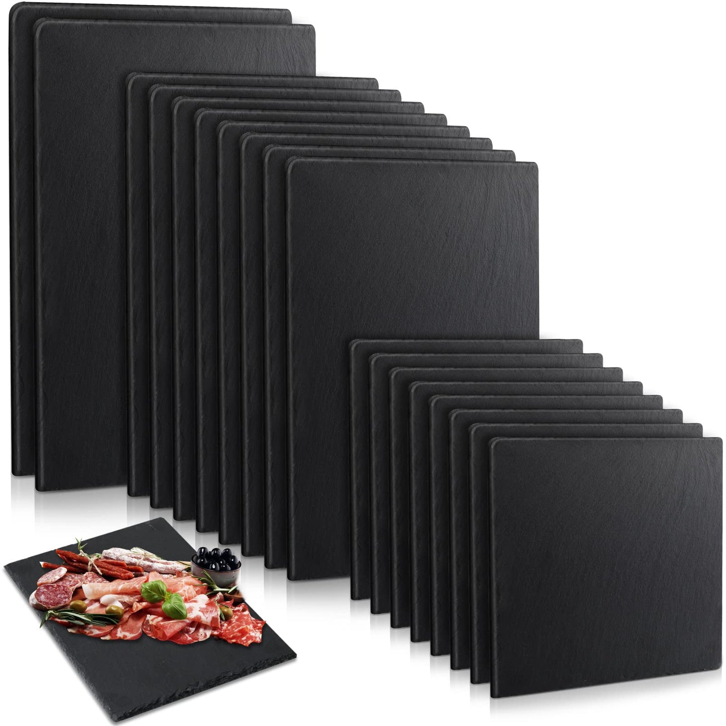 Didaey Set of 18 Slate Boards Black Slate Board Cheese Board Serving Stone Plates Sushi Cheese Tray Individual Platter for Christmas Chalkboard Cutting Food Cake Fruit Meat(Square)