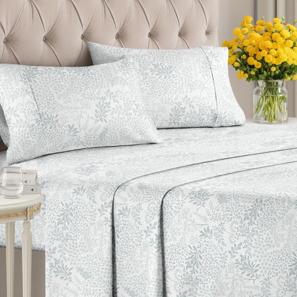Floral Sheets - Grey Floral Bed Sheet Set - 1 Flat, 1 Fitted & 2 Pillowcases w/ Deep Pockets - Comfy, Wrinkle & Fade Free - Boho Botanical Bedding - Ultra-Soft, Breathable & Cooling - King Size
