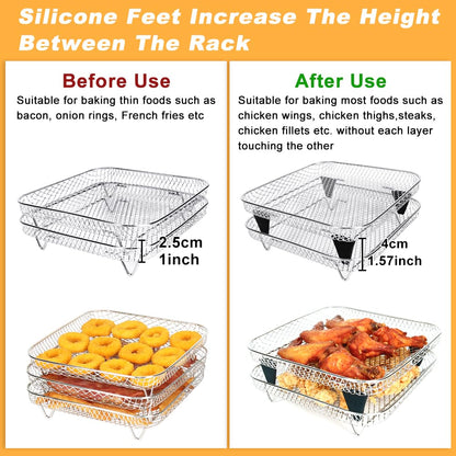 BYKITCHEN 8 inch Square Air Fryer Rack, 3pcs Stackable Stainless Steel Dehydrator Rack with Silicon Feet, Square Air Fryer Accessories for Cosori, Instant Vortex, Ninja Pro XL 6.5 QT AF181 & More