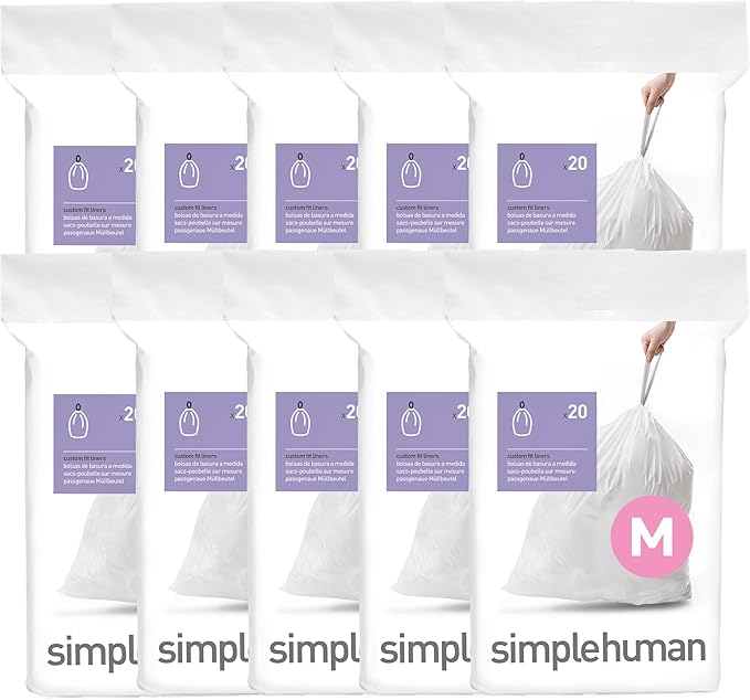 simplehuman Code M 200 Count, Dispenser Pack Custom Fit Liners, Drawstring
