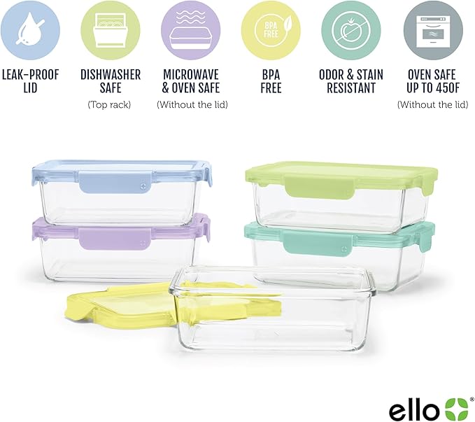 Ello Color Lock 5 Cup 10PC, 5 Pack Glass Meal Prep Sets Leak-Proof Glass Food
