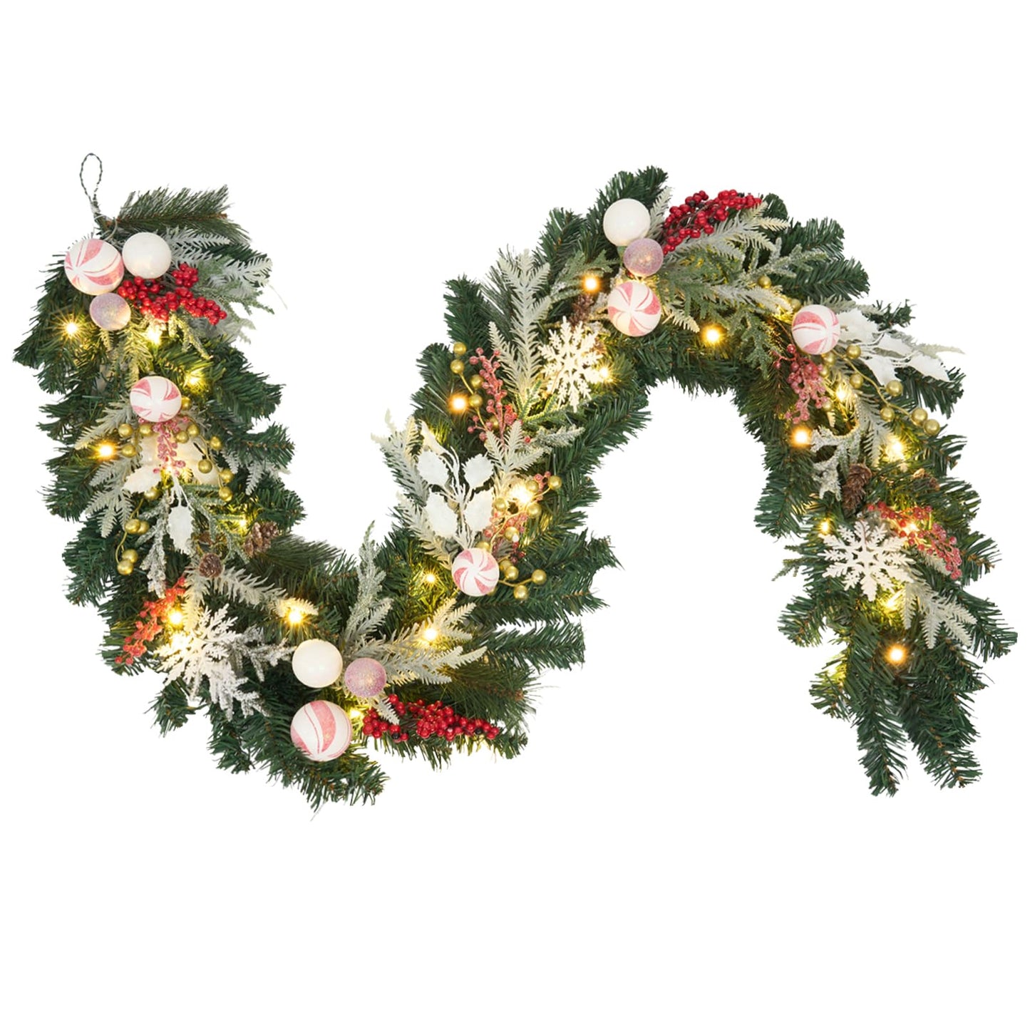 6ft red White Christmas Candy Garland with Lights,30 LED with Timer, Lighted Door,Fireplace, Mantel and Stairs Winter Decor,Entryway Porch Decoration,prelit Christmas Garland for Front Door