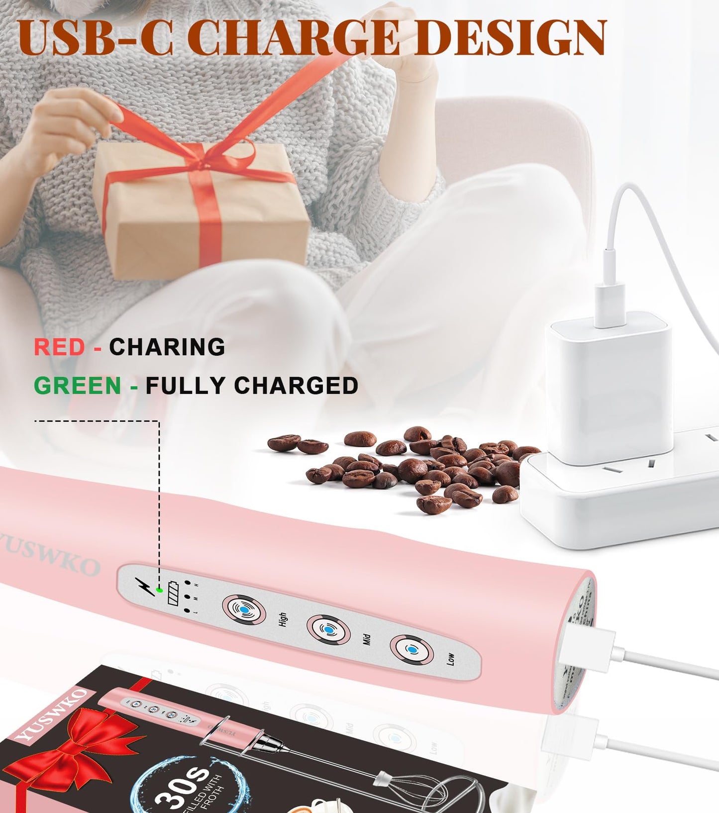 YUSWKO Black Handheld Milk Frother Wand for Coffee, Rechargeable Electric Whisk with 3 Heads 3 Speeds Drink Mixer Coffee Frother For Latte, Cappuccino, Hot Chocolate, Egg