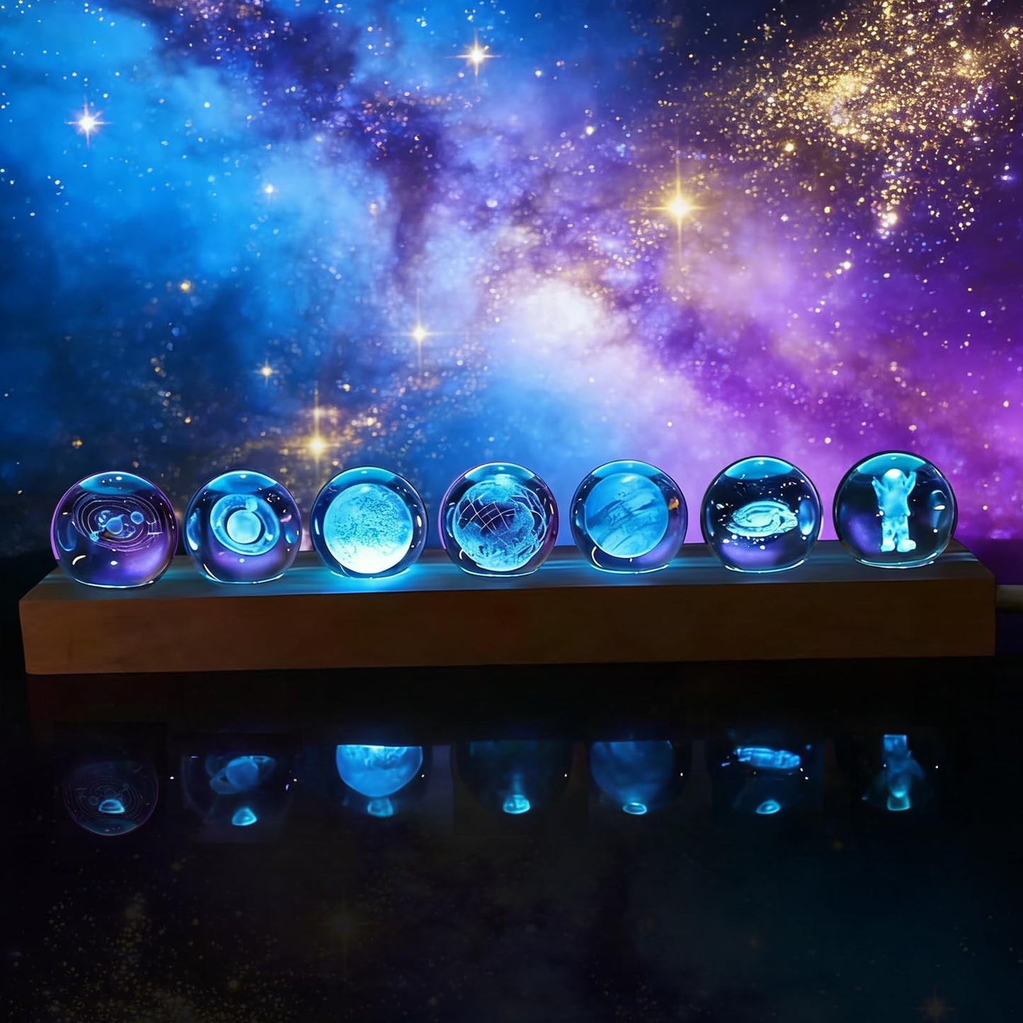 Eicxjui 7Pcs Planet Crystal Ball Night Light with LED Wooden Base Solar System Galaxy Saturn Moon Lamp Room Decor Astronomy Space Gifts Birthday Christmas