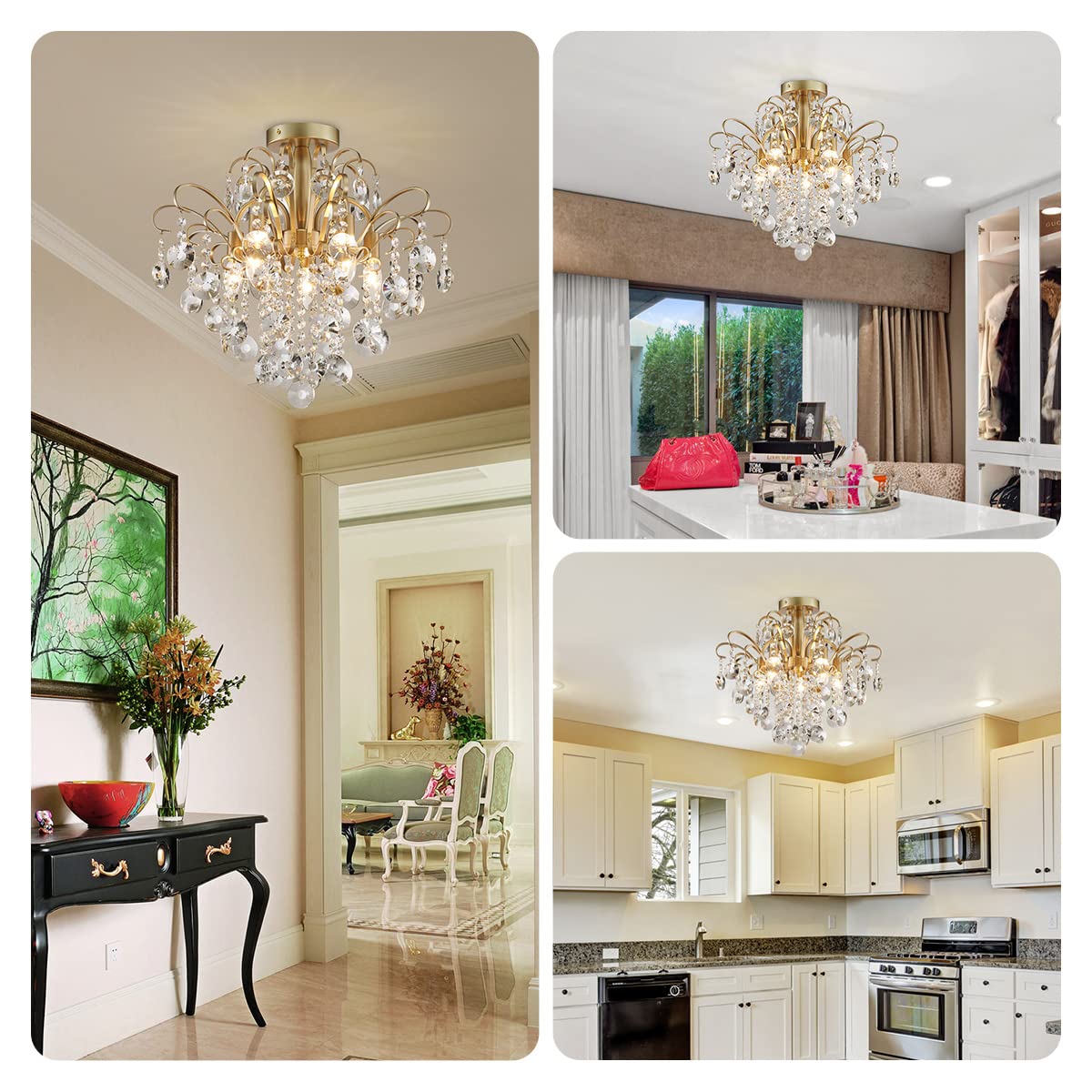 WUZUPS Crystal Chandelier Flushmount Ceiling Light Modern Lighting Fixture for Bedroom Hallway Bar Kitchen Bathroom, H 17.5'' x W 19.3'', E12 Base, Gold
