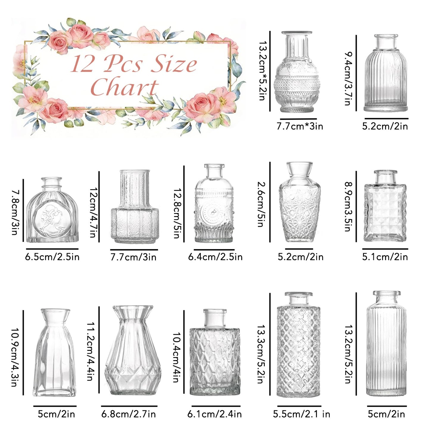12 Pcs Glass Bud Vase Set, Small Glass Vases for Flowers, Mini Clear Bud Vases for Centerpieces, Wedding, Home, Office and Table Decoration, Clear