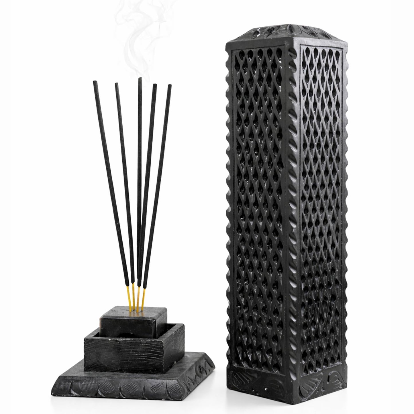 KC KULLICRAFT Handmade Marble Black Soapstone Incense Stick Burner | Candle Stick Holder | Tea Light Burner - Perfect Jaali Carving for Gifting. Decorative Home and Kitchen Decor (3 x 3 x 11 Inches).