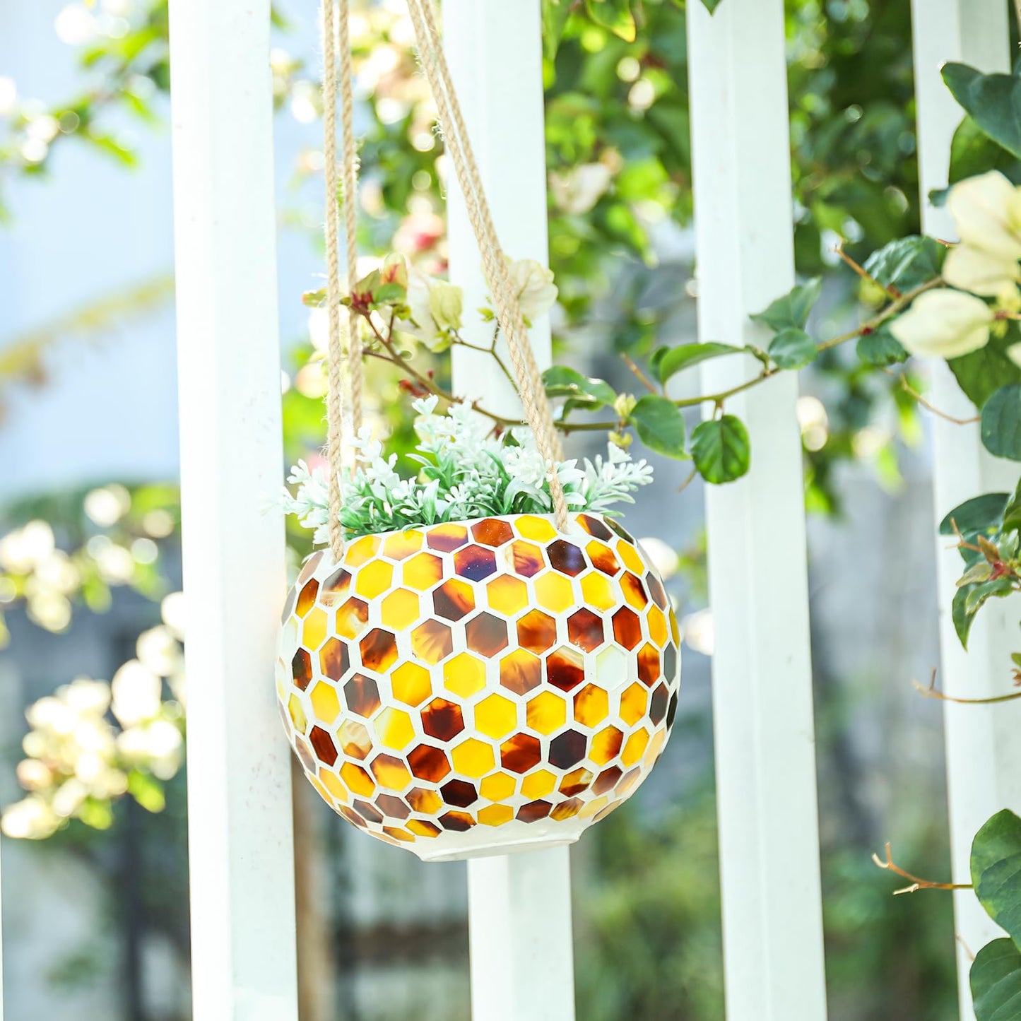Chonsun Hanging Planter Mosaic Garden Pot Small Flower Pot for Indoor Plant Disco Ball Hanging Planter with Drainage Yellow Bee