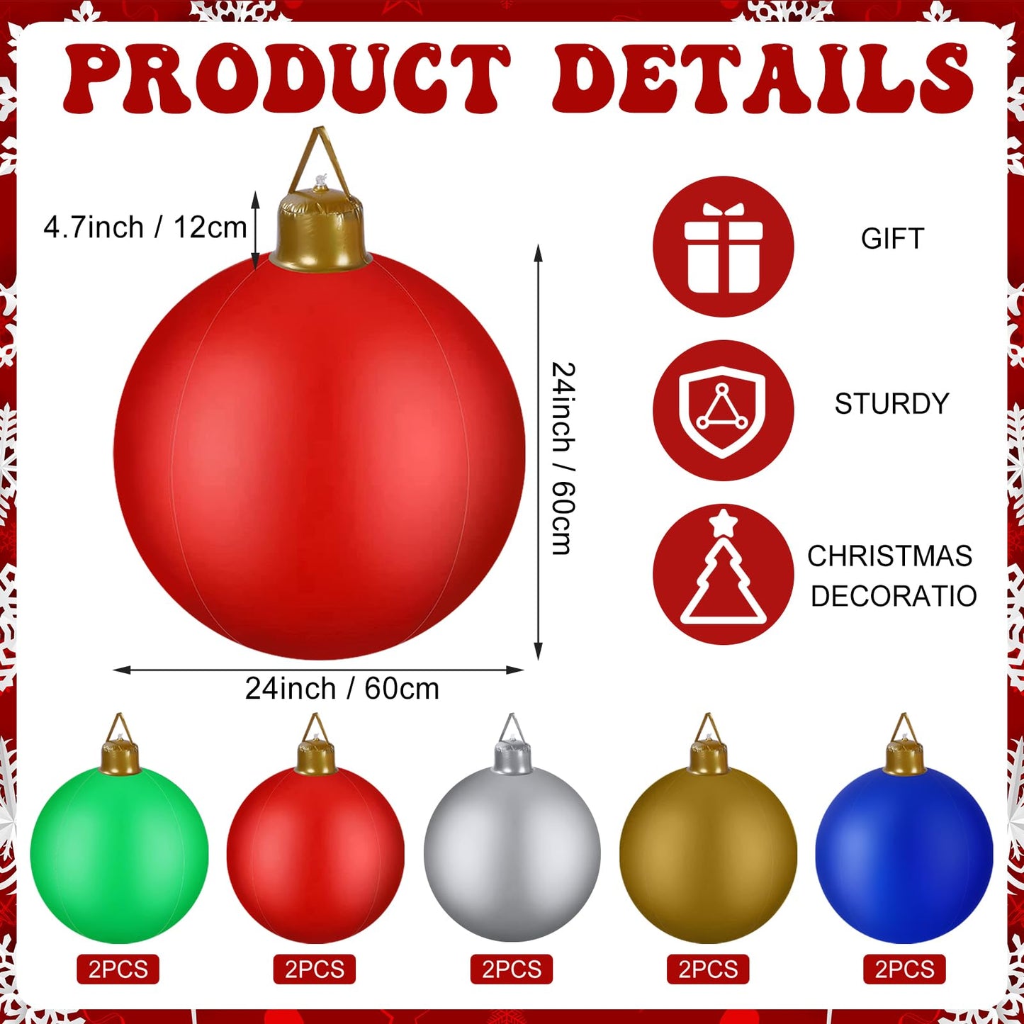 Jetec 10 Pcs 32 Inch Giant Inflatable Ornaments Balls Outdoor Large Blow up Christmas Ornaments PVC Inflatable Christmas Yard Decorations for Xmas Holiday Lawn Porch Garden Outside(Handle)