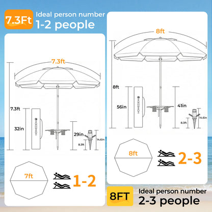 HOMEDEMO 7FT Beach Umbrella with Curtain, Beach Umbrella for Sand with Large Spiral Sand Anchor & Carry Bag, Heavy Duty Windproof Outdoor Umbrellas, UPF 50+ Protection, Parasol, Navy Blue Stripe