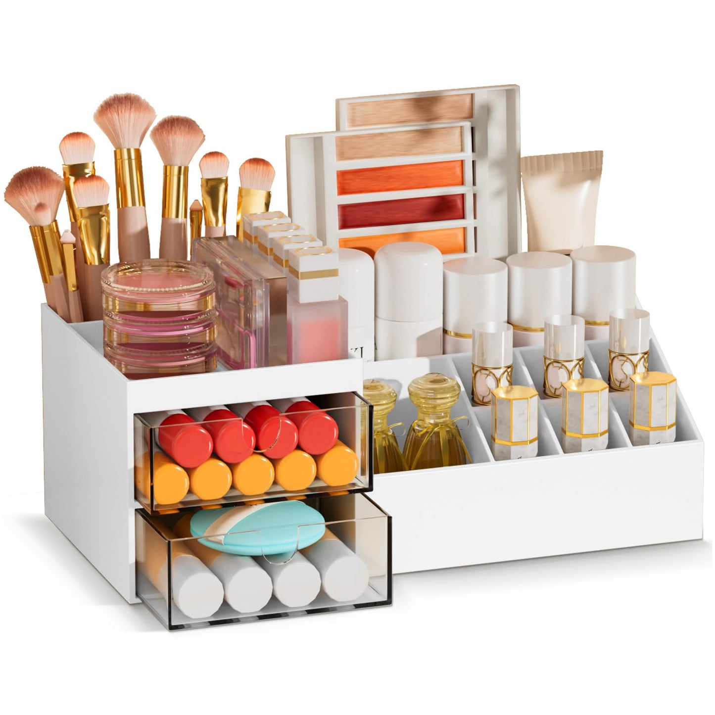 Subsky Makeup Organiser with Drawers, Make Up Storage Cosmetic Dressing Table Organiser Makeup Box with Drawerds for Dresser, Bedroom, Bathroom (White)
