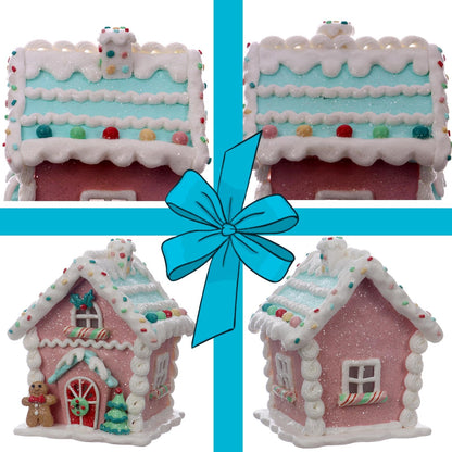Season 2 Season Christmas Decorations 5.9" LED Gingerbread House Xmas Village Ornaments with Gingerbread Human Cookie and Christmas Pine Tree for Home Decor Holiday Decor