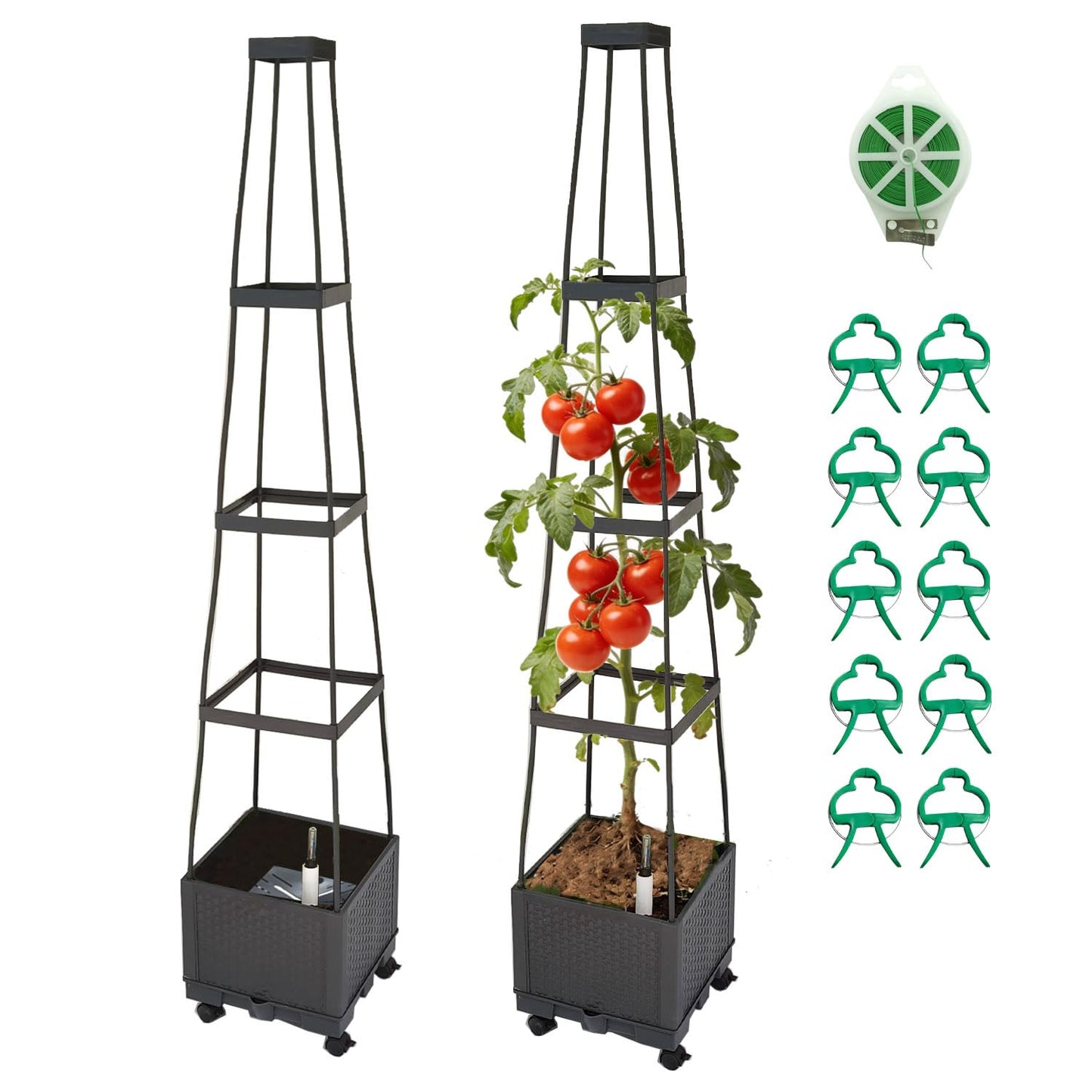 FesmTek Movable Raised Garden Bed Tomato Planter Box with Trellis and Universal Wheel Self-Watering Garden Beds Outdoor for Vegetables 2-Pack