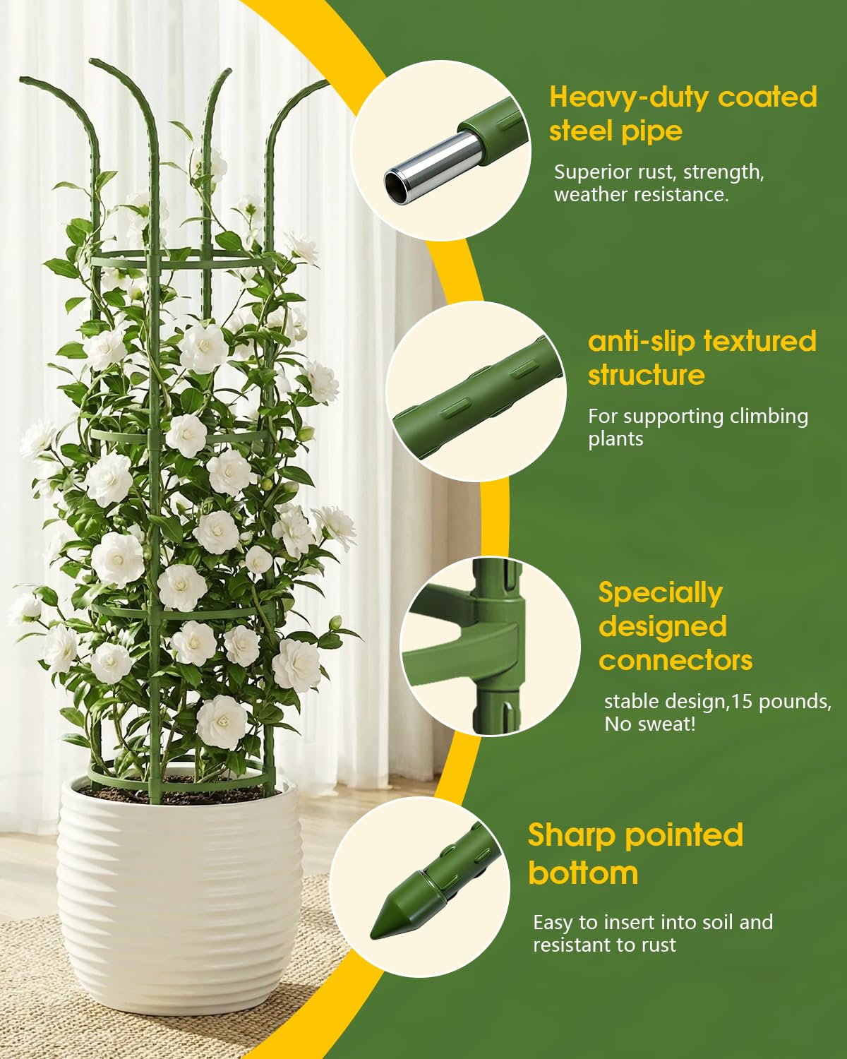 Joyhalo 2 Pack Trellis for Climbing Plants Outdoor, 6.2ft High Adjustable Garden Trellis for Flowers, Green Plastic Coated Steel Plant Stakes Use As Tomato Cage