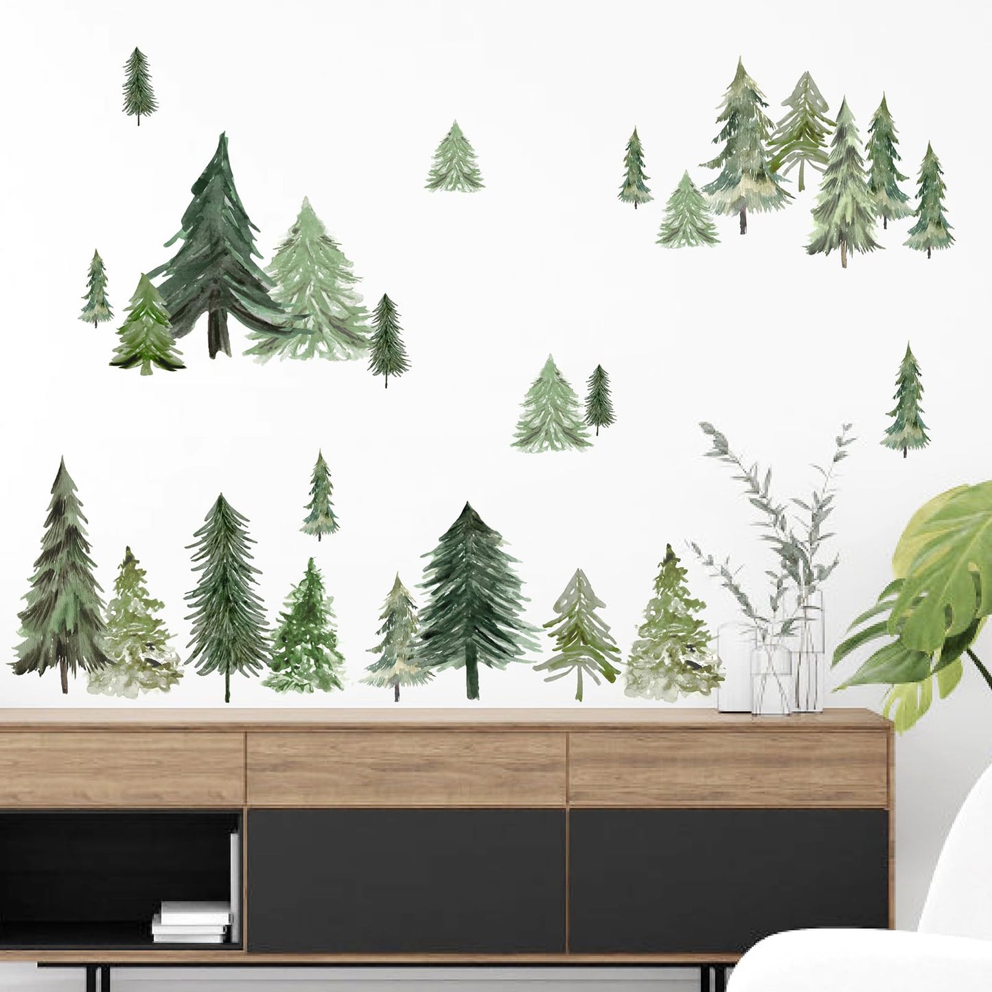 Watercolor Tree Wall Stickers Small Pine Tree Wall Decal Green Trees Wall Window Stickers Removable Forest Trees Decals Peel and Stick Small Tree Wall Decals for Bedroom Living Room Nursery