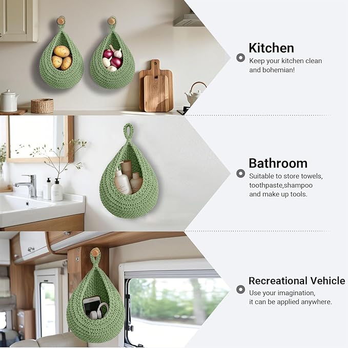 Halidali Hanging Fruit Baskets for Kitchen, 3 Pack Boho Cotton Rope Handwoven