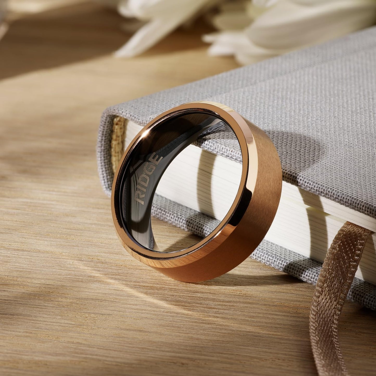 Ridge Beveled Ring Set 8mm - 18K Rose Gold - Tungsten - 9
