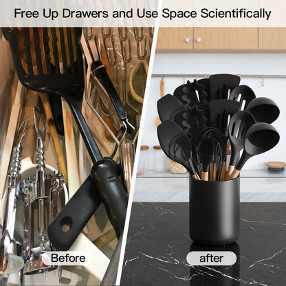 LATCHHOOK Black Kitchen Utensil Holder for Countertop, Matte Ceramic Cooking Utensil Crock for Counter Easy to Clean, Modern Spatula Holder for Farmhouse Décor 4.5×6.4 INCH