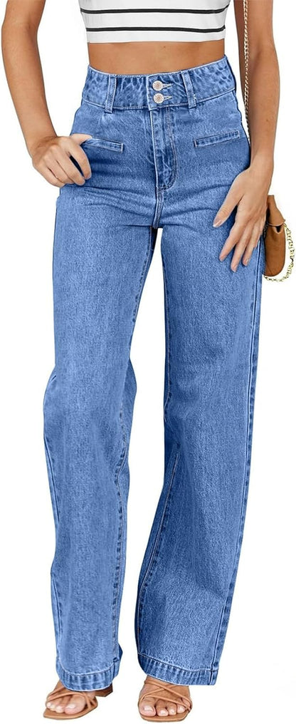 Sidefeel Women's Jeans High Waisted Straight Leg Stretchy Jeans Trendy Welt Pockets Loose Wide Leg Zimbaplatinum Denim Pants