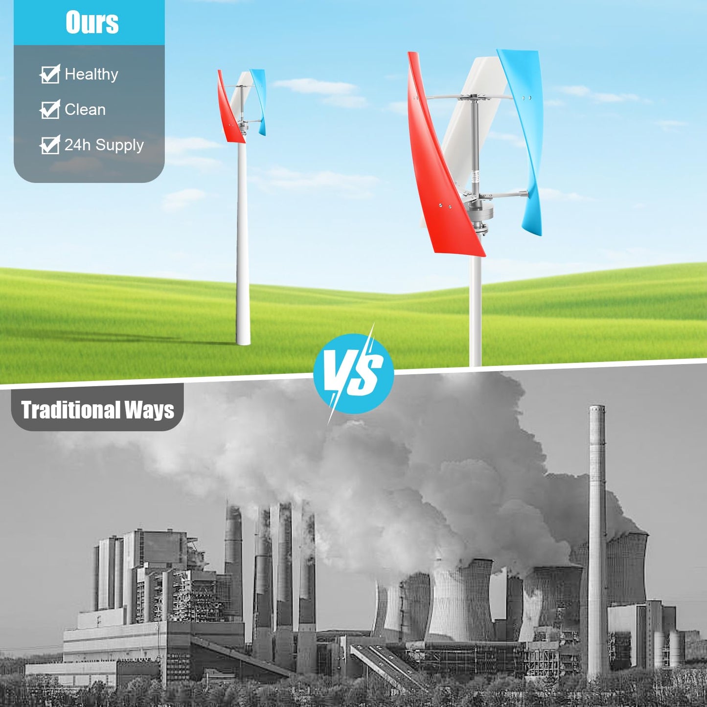 BANEBONE 400W Vertical Wind Turbine Generator, 24V, 3-Blade Kit with Controller, IP67 Waterproof, 30dB Low Noise, Blue/White/Red, for Home, Marine, RV & Off-Grid