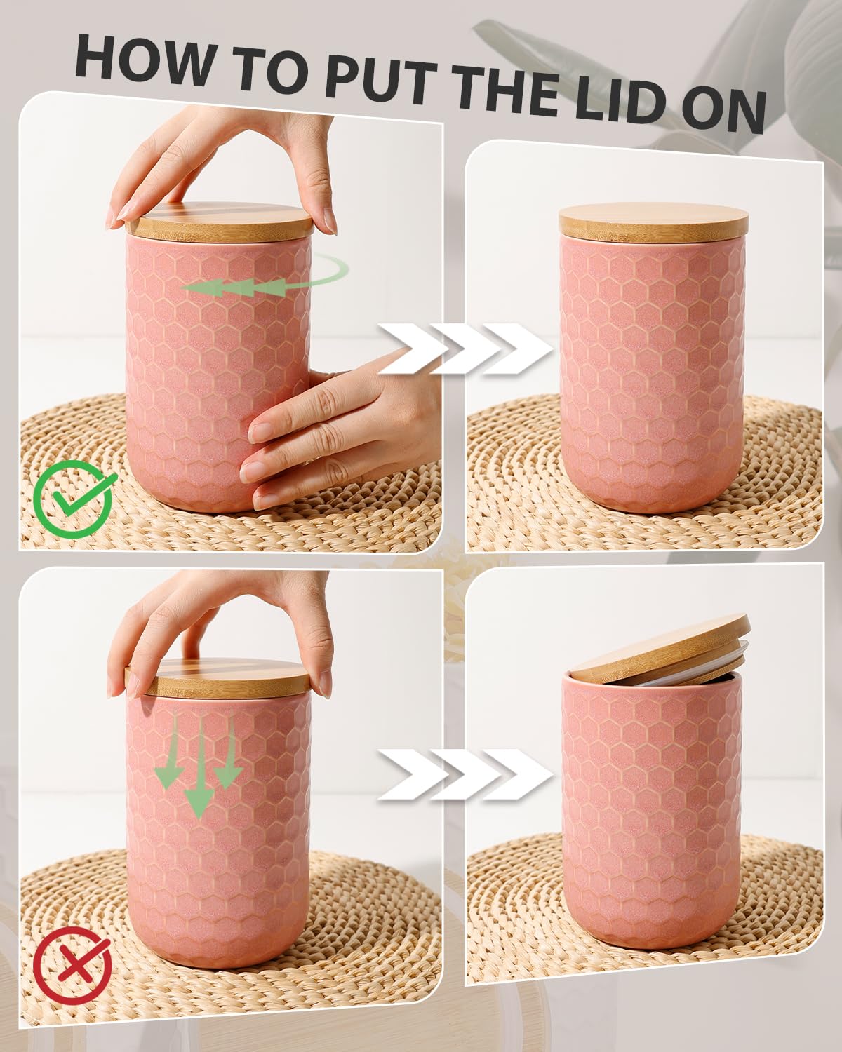 ZEBERBO Kitchen Canisters Set with Airtight Bamboo Lid, Pink Honeycomb Design, Ceramic Canister Set of 3, Sugar Flour Coffee Containers for Countertop, Food Storage Container Jars Set