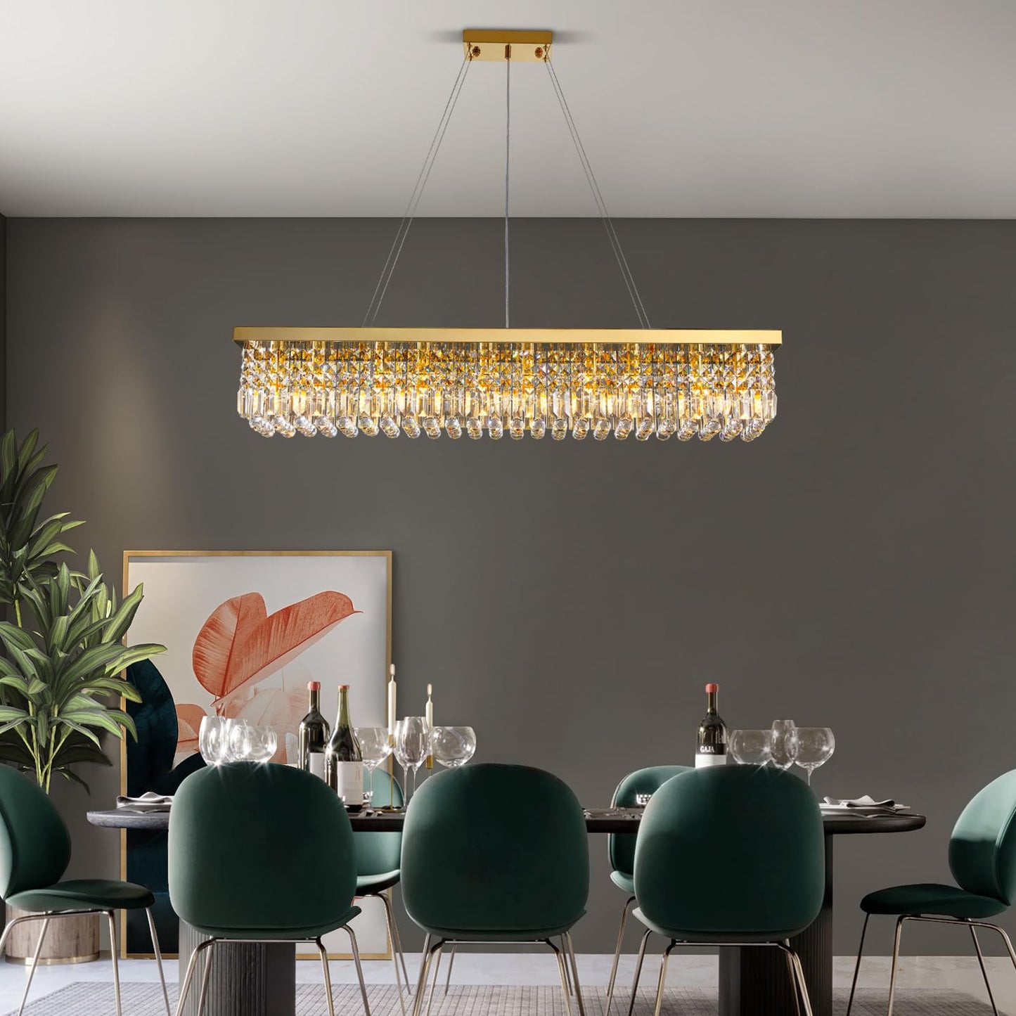 Siljoy Rectangular Gold Crystal Chandelier for Dining Room, 10-Light Modern Rectangle K9 Crystal Raindrop Chandelier, Luxury Dimmable Crystal Ceiling Light for Living Room Kitchen Island L47''