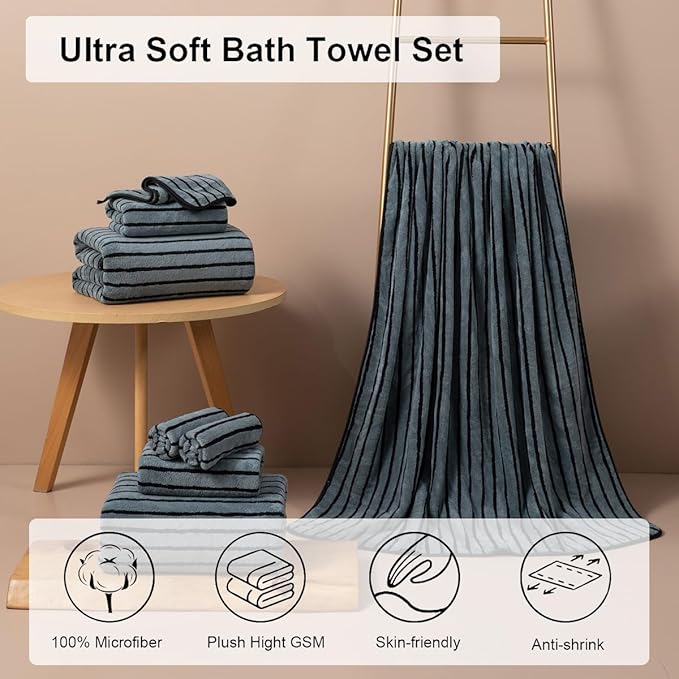 8 Pcs Grayish Blue Cabana Stripe Large Bath Towel Oversized Bath Sheet-2