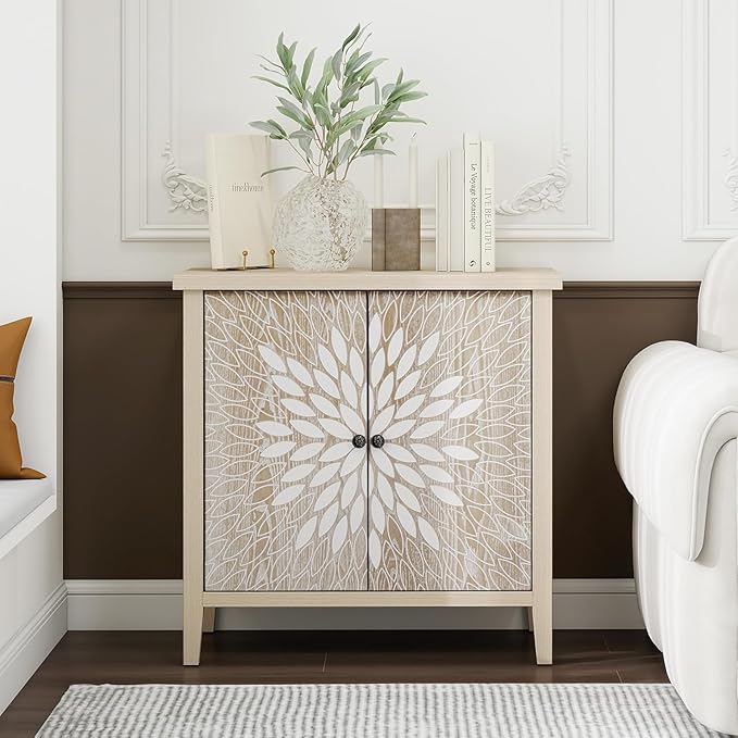31" Modern Accent Cabinet with Storage, Storage Cabinet with 2 Carved Pattern