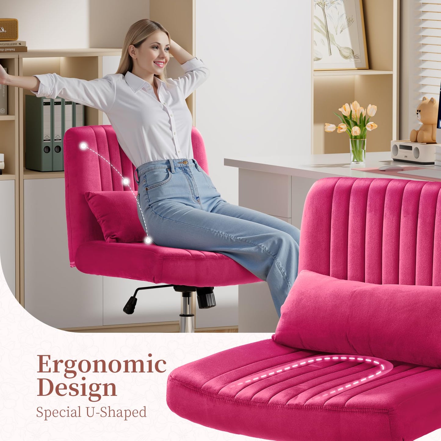 Warmiehomy Criss Cross Office Chair with Wheels, Velvet Cross Legged Desk Chairs for Home, Height Adjustable Swivel Wide Seat Computer Chair, Modern Vanity Chair for Women, Hot Pink
