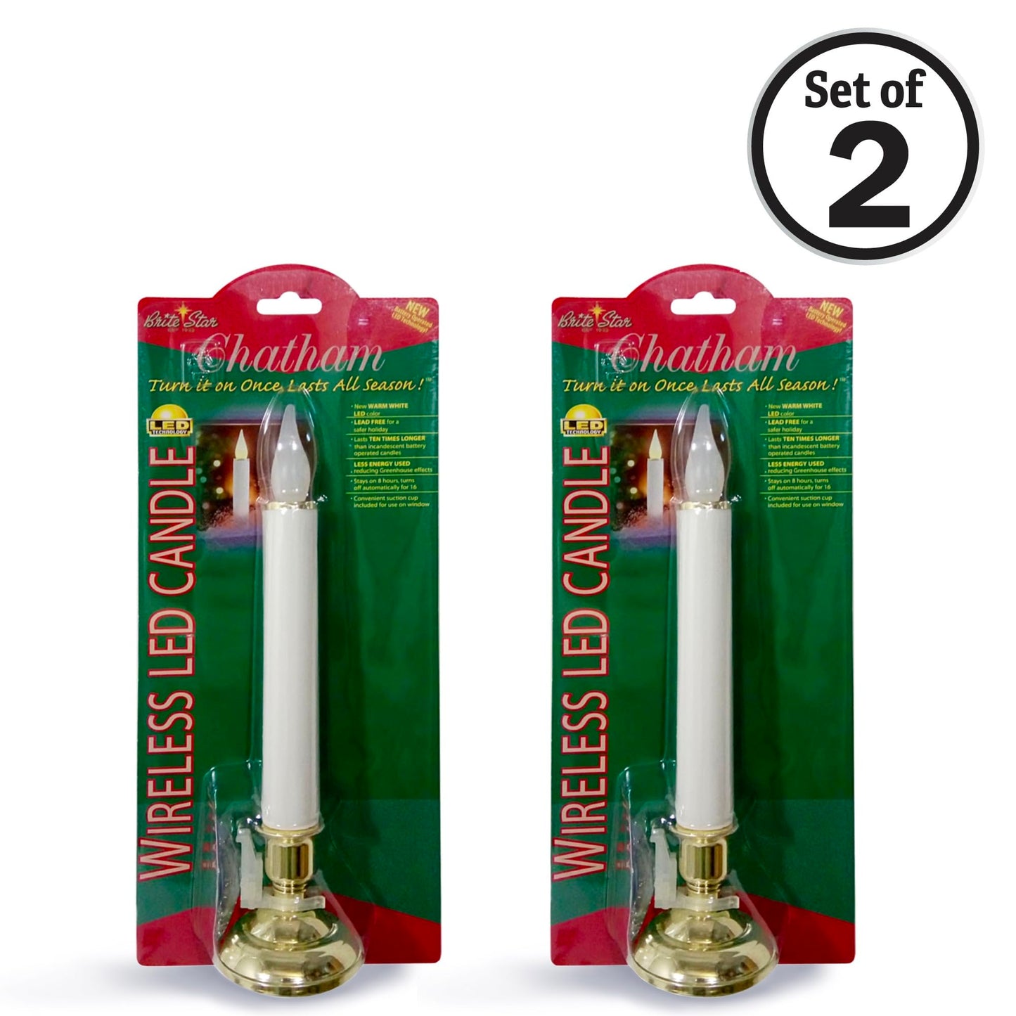 Brite Star Battery Operated 10-Inch LED Candles - Steady Burn Flameless Chatham Candles With Gold Base, Timer & Suction Cup - Perfect for Indoor Window, Outdoor Patio Home Decor- 2 Pack