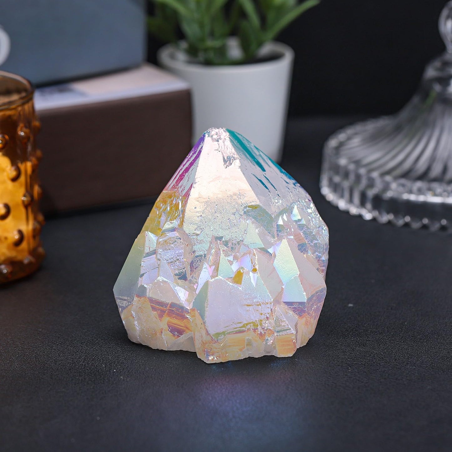 dssmboom Irregularly Single Pointed Purple AB Titanium Coated Rock Quartz Cluster Mineral Specimen, Reiki Healing Rock Crystal Geode for Stone Collection and Home Decor, White