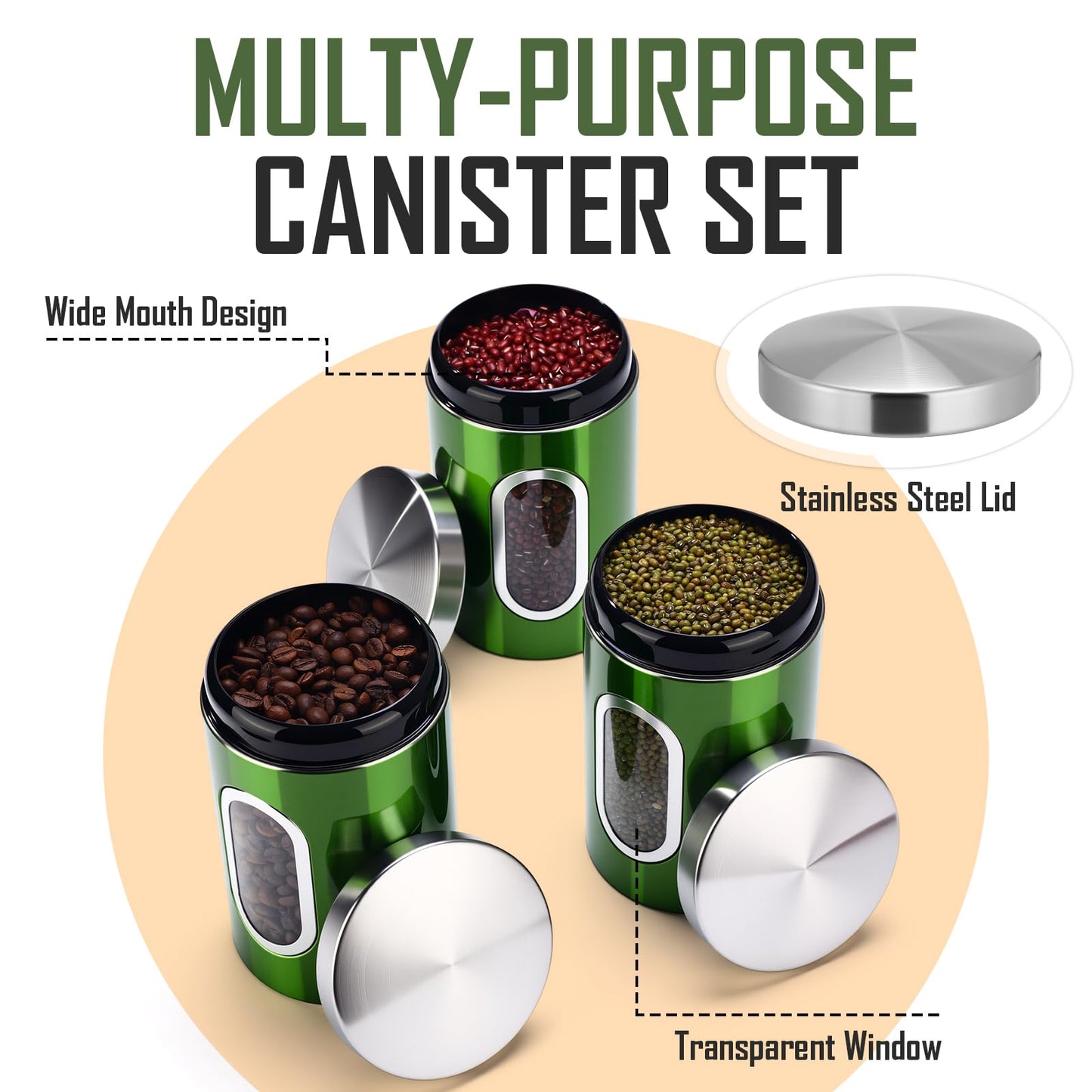 Zopeal 6 Pack Green Canisters Sets For Kitchen 50oz Stainless Steel Kitchen Canisters with Transparent Windows Flour Sugar Container Metal Jar Countertop Set for Coffee Tea Decorative