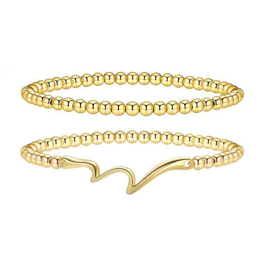 Jsuospmy Gold Beaded Bracelets for Women 14K Gold Wave Bracelet Handmade Stackable Bracelets for Women Trendy Non Tarnish Bracelet Jewelry Gift for Womens 2Pcs (05.Wave+Beaded (Gold))