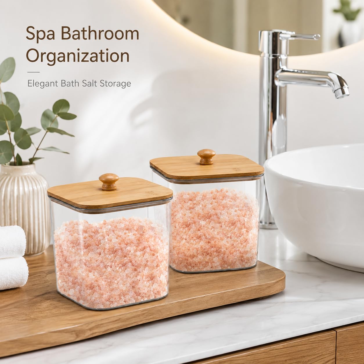 Yomjarl Bath Salt Container,2 Pack Clear Plastic Storage Bathroom Canisters with Wooden Lids & Handle,Airtight Bath Salt Dispenser Jars for Bathroom Organization Accessories,Bathtub Decor Box
