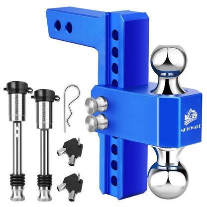 METOWARE Adjustable Trailer Hitch - Aluminum Tow Hitch Fits 2-Inch Receiver - Heavy Duty Drop Hitch with 8-Inch Drop/Rise for Truck (14,000 LBS GTW), Double Stainless Steel Locks & Hitch Pin, Blue