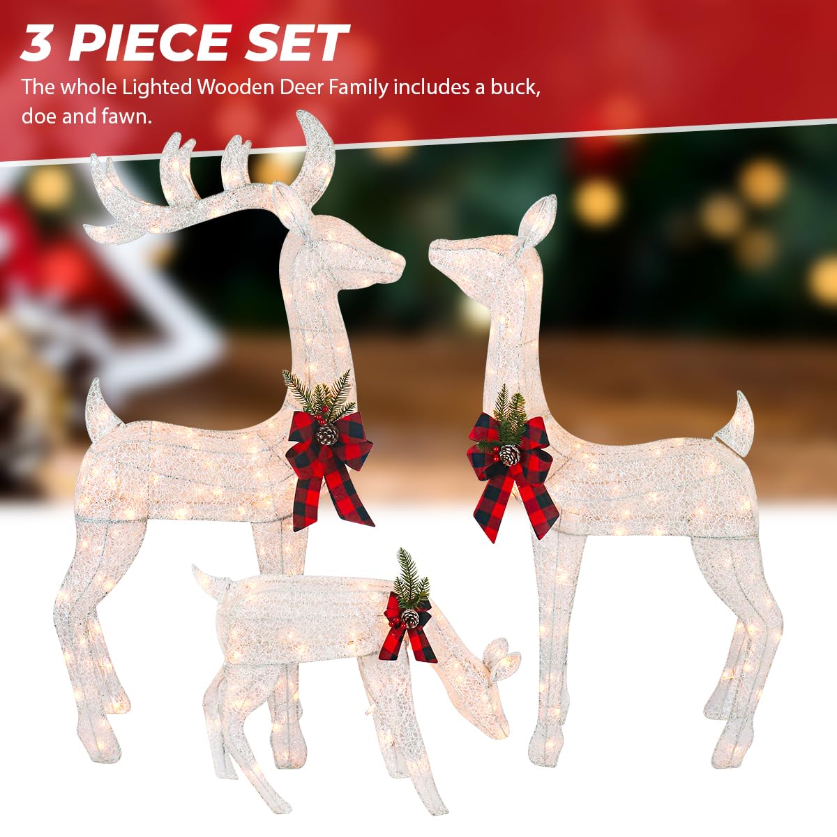 3-Piece White Fabric Reindeer Family - Lighted Deer Set - 210 Lights 52" Buck 44" Doe 28" Fawn - Large Deer Family for Indoor or Outdoor Christmas Decorations Yard Art