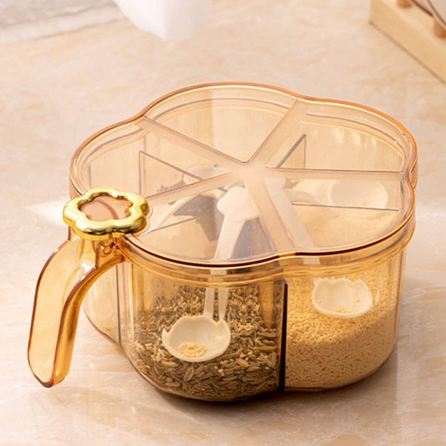 Gsycle 5 Compartment Seasoning Box with Spoon, Large Capacity Clear Condiment Organizer with Handle, Kitchen Salt Sugar Storage Container, Countertop Spice Jar Organizer
