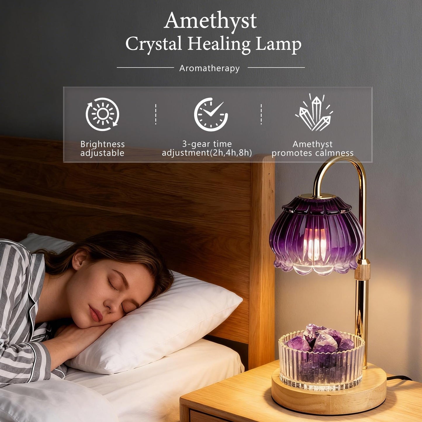 Candle Warmer Lamp with Dimmer & Timer, Adjustable Brightness & Temperature, 2/4/6H Timed, Natural Amethyst Crystals Essential Oil Diffuser & Melting Lamp for Scented Wax Melts, Home Decorative Gift