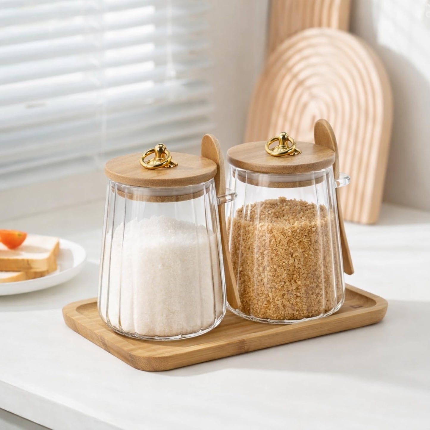 Mowhut Sugar Container,22 FL OZ Airtight Sugar Bowl,Coffee Bar Accessories,Overnight Oats Salt Cookie Coffee Bean Candy Containers with Bamboo Lids Spoon and Pallet,Wide Mouth Glass Jar