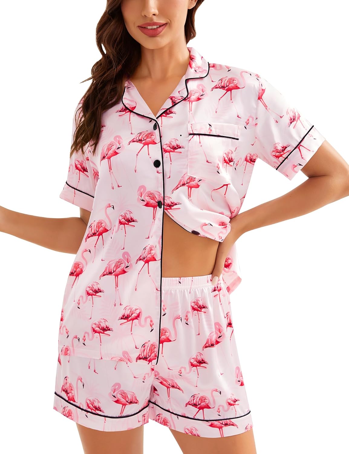 SWOMOG Womens Silk Satin Pajamas Set Short Sleeve Sleepwear Button Down Top and Shorts Loungewear 2 Piece Pjs Set XS-3XL