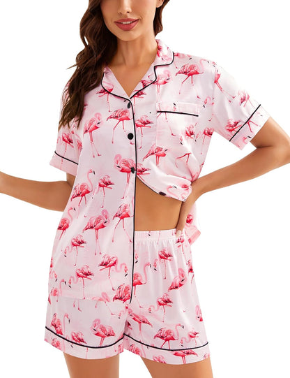 SWOMOG Womens Silk Satin Pajamas Set Short Sleeve Sleepwear Button Down Top and Shorts Loungewear 2 Piece Pjs Set XS-3XL