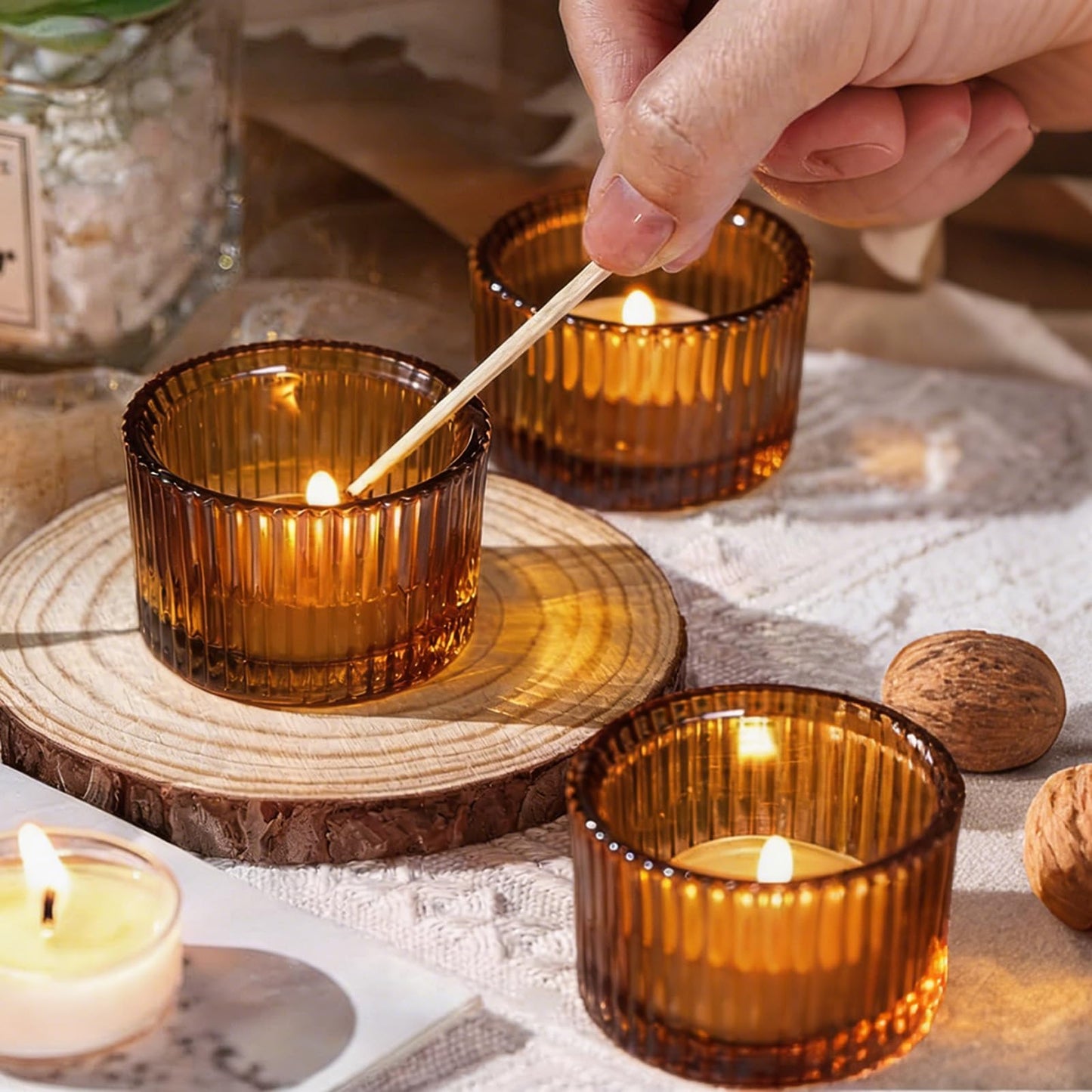 Amber Glass Votive Candle Holders 12 Pack, Small Glass Cups for Tea Lights, Wedding Centerpieces, Table Decorations, Home Decor, Party Favors, Bulk Set of 12