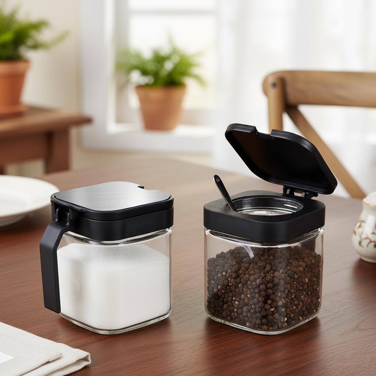 Mowhut Clear Seasoning Containers, 2 Pieces Condiment Containers with Stainless Steel Lids and Spoons, Glass Salt and Pepper Shakers, Sugar Dispenser for Salt Sugar Tea Herbal Coffee Beans