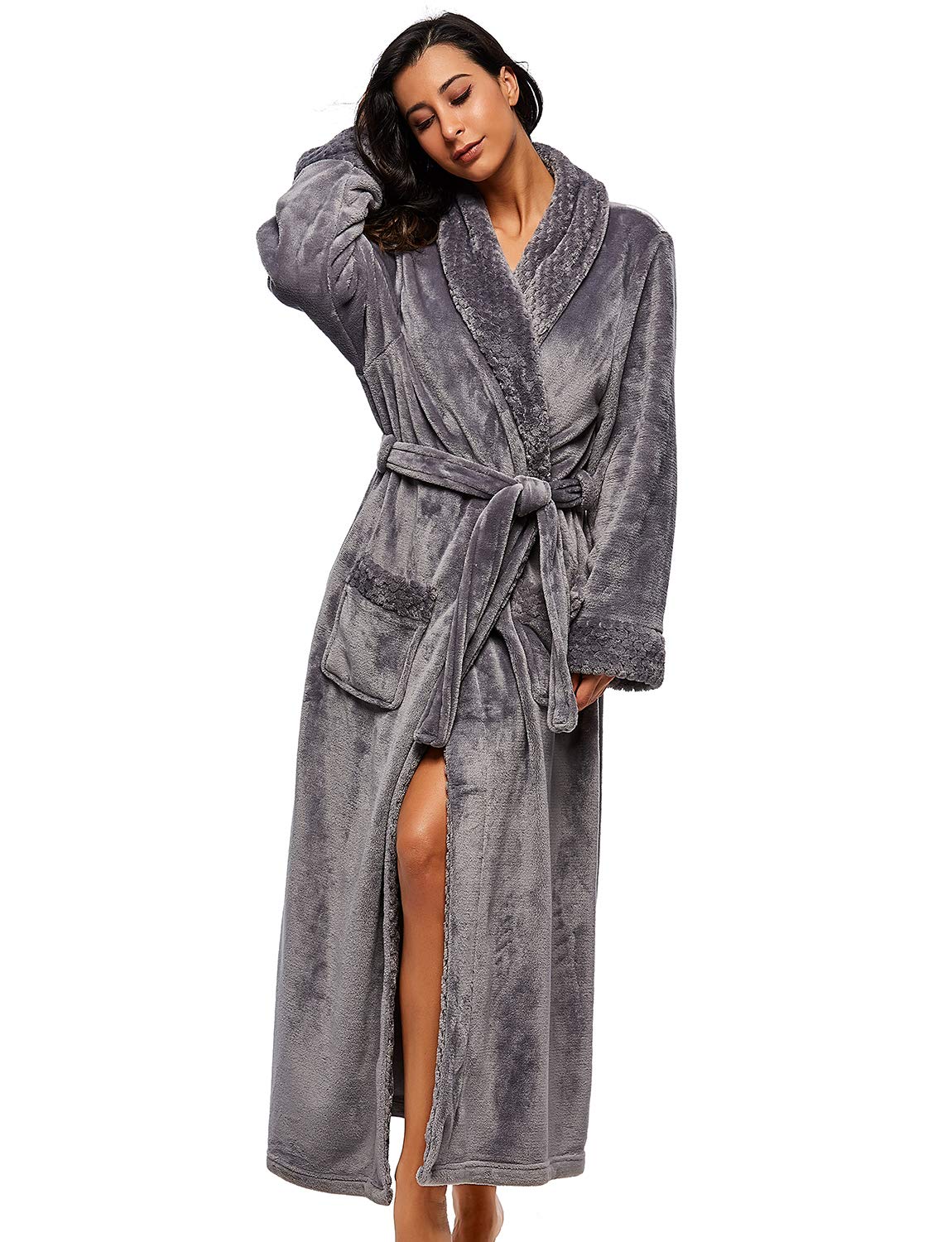 BELLOO Unisex Flannel Dressing Gown Cozy Coral Fleece Bathrobe Long Style, Grey XL