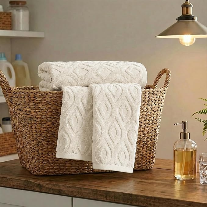 Artoid Mode 2 Pcs Beige 3D Diamond Grid Jacquard Hand Towels