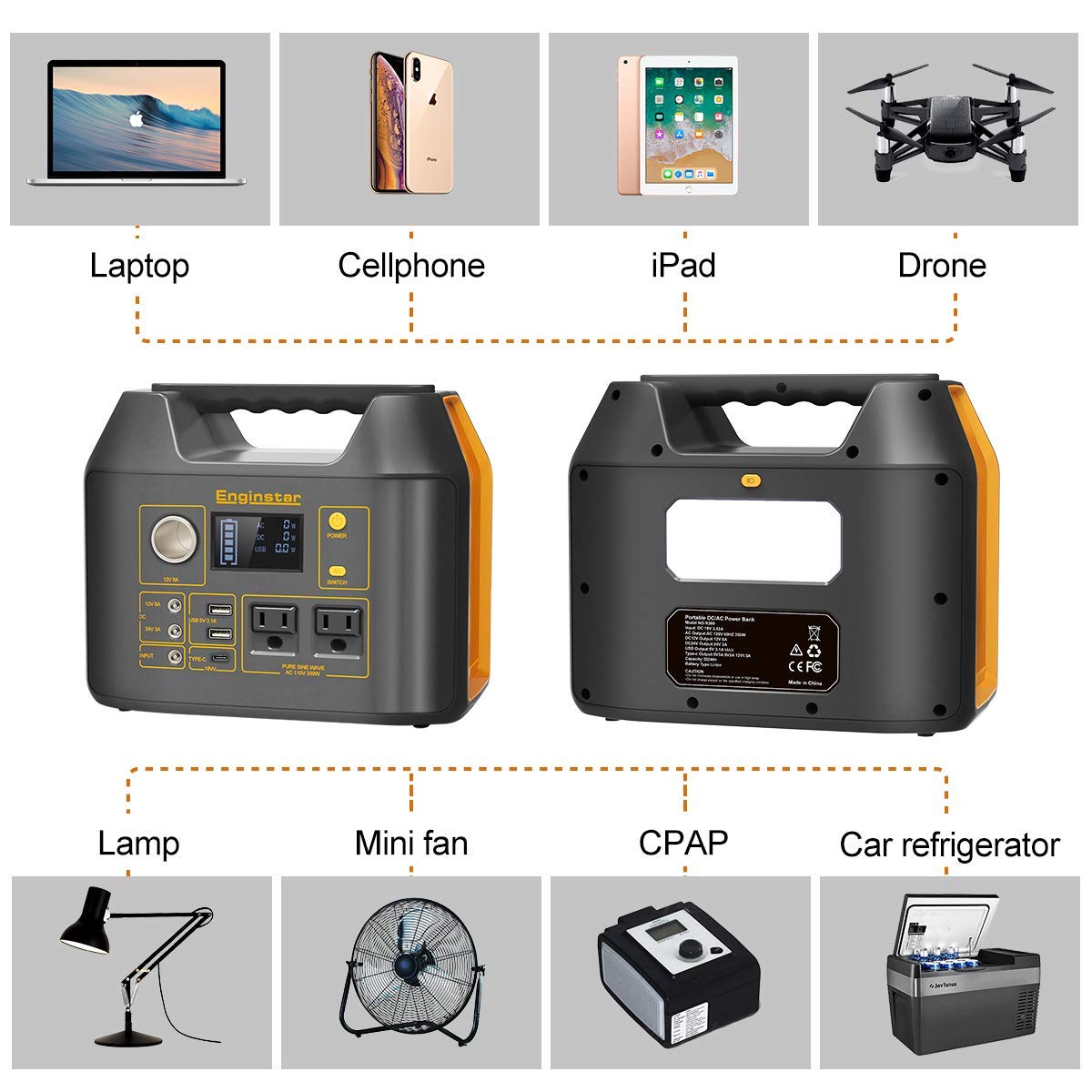 Portable Power Station EnginStar 300W Solar Generator 110V 296Wh Power Bank Two Pure Sine Wave AC Outlet 80000mAh Lithium Battery Pack for Camping Outdoors Trip RV Hunting Vans Emergency Backup
