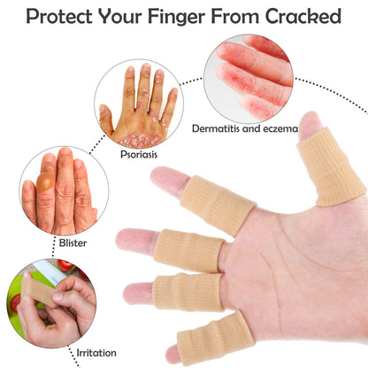 Skylety 30 Pieces Finger Sleeves with 1 Storage Bag, Thumb Splint Brace Support Protector Breathable Elastic Finger Tape for Pain Relief Arthritis Trigger Sports Basketball Baseball(Beige)