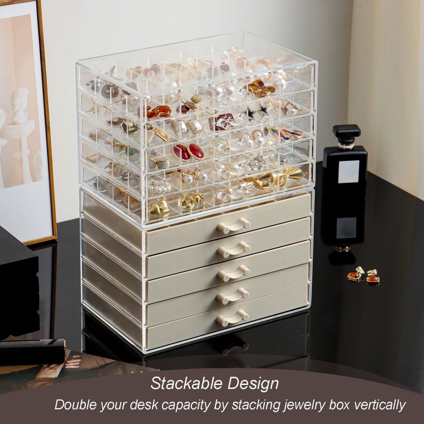 YUFONG Earring Holder Organizer Acrylic Earring Storage Box for Girls Women Jewelry Organizer Display Case with 100 Small Compartment (Clear, 5 Drawers)